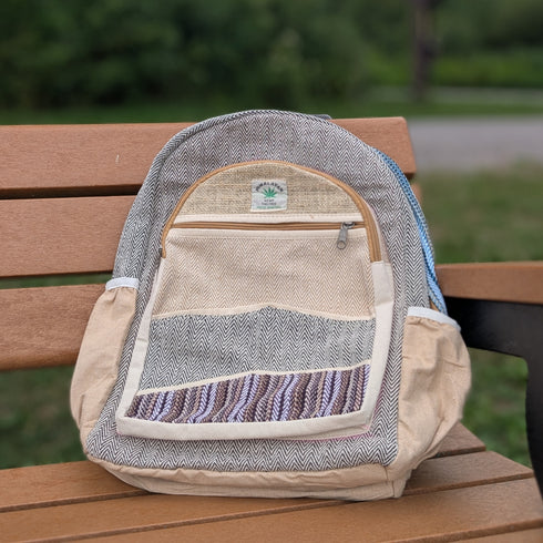 hemp bag on a wooden bench outdoors