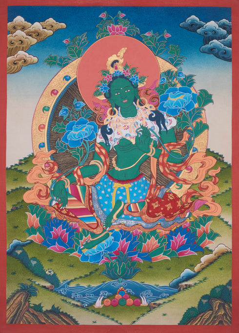 Genuine Tibetan Thangka Art - Green Tara Painting for home meditation and positive space