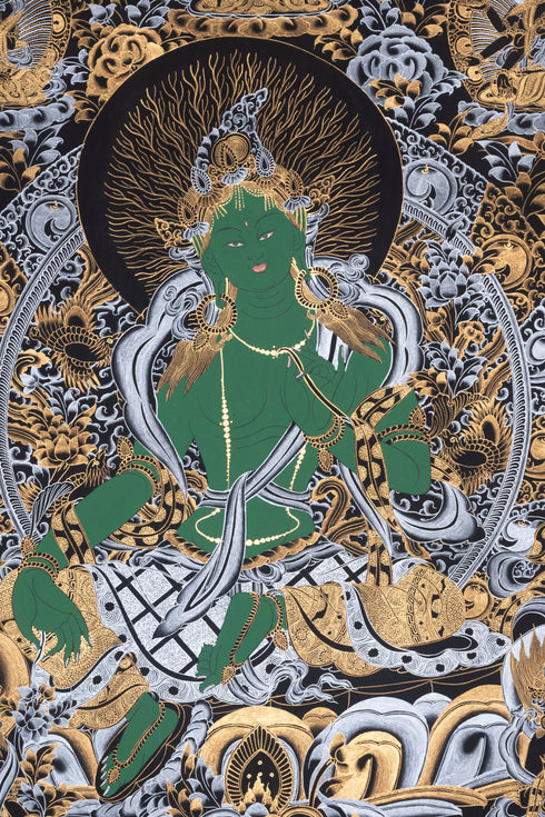Gorgeous Painting by Hand - Nepalese Thangka Art of Green Tara