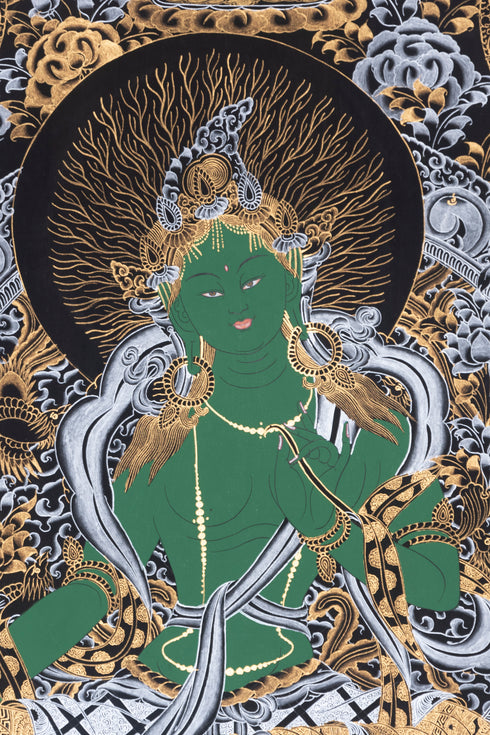 Gorgeous Painting by Hand - Nepalese Thangka Art of Green Tara