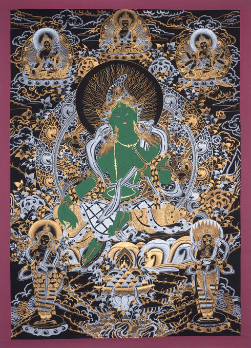 Gorgeous Painting by Hand - Nepalese Thangka Art of Green Tara
