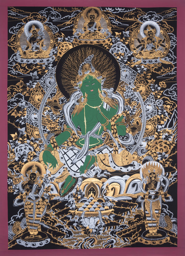 Gorgeous Painting by Hand - Nepalese Thangka Art of Green Tara