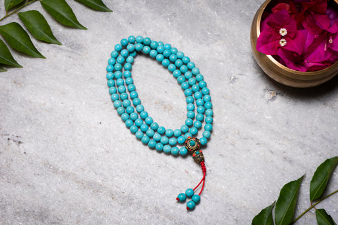 Genuine Turquoise Stone Mala , Throat Chakra Healing Mala